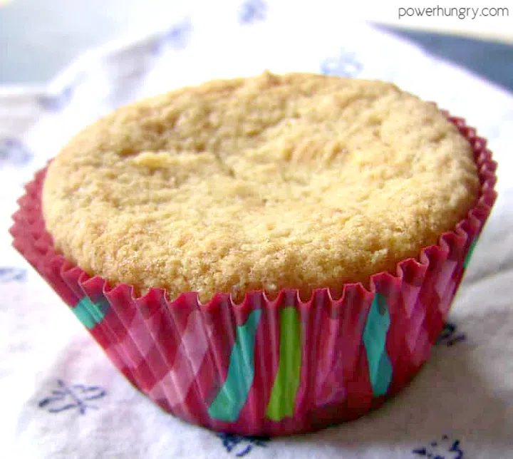 coconut flour vegan cupcake in a pink striped paper muffin liner