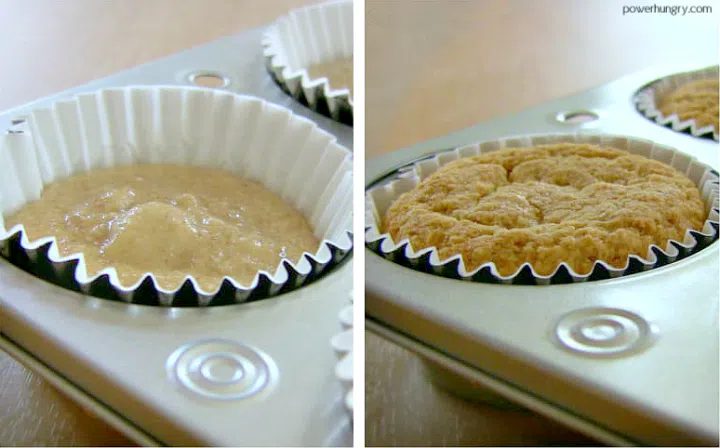 collage showing how to partially fill the muffin cups for coconut flour cupcakes