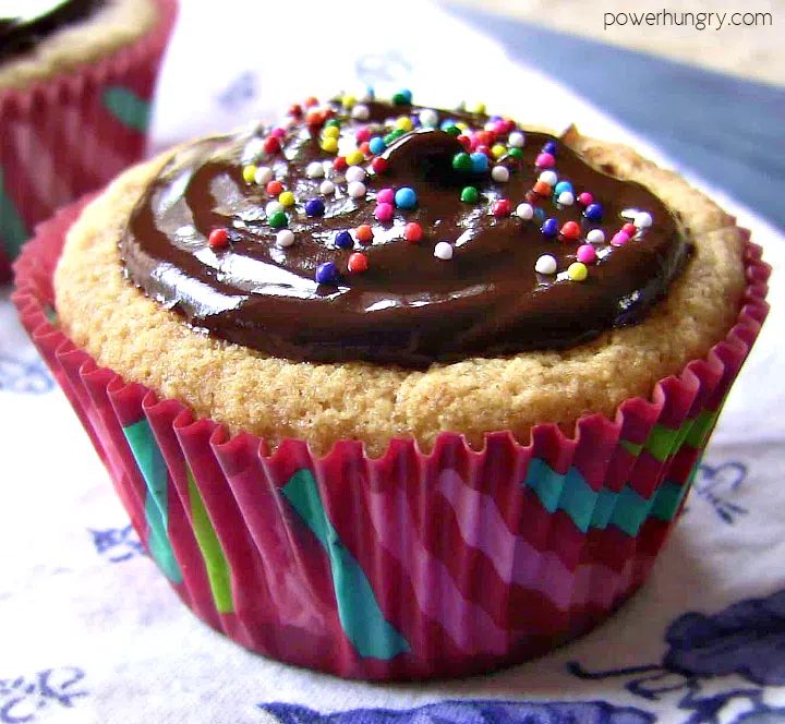 coconut flour cupcake topped with vegan chocolate frosting and sprinkles