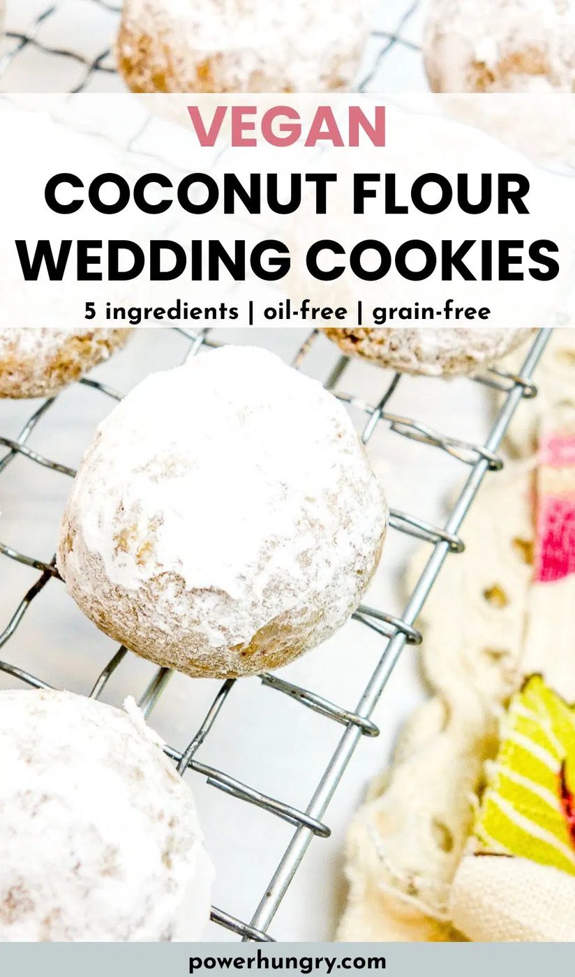 vegan coconut flour wedding cookies on a cooling rack