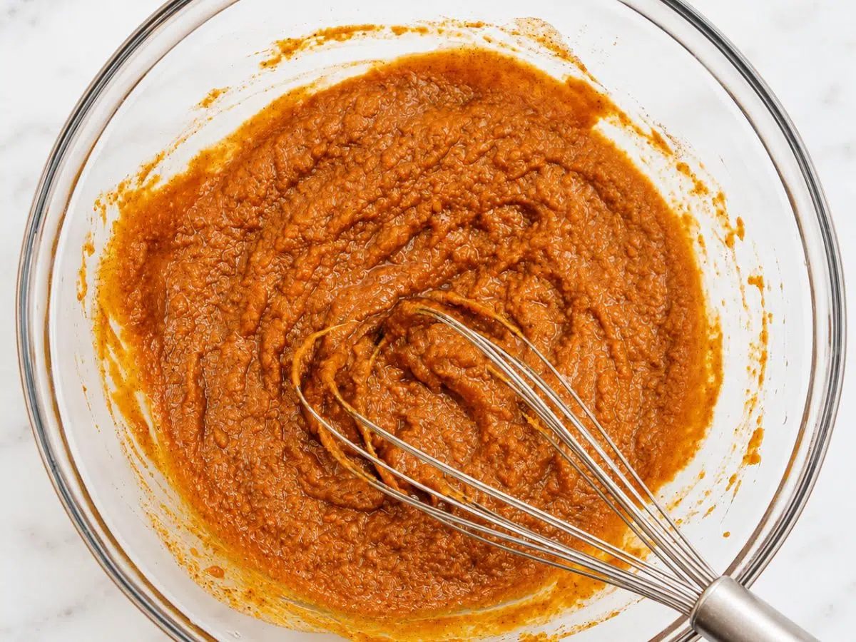 wet ingredients in glass bowl, whisk, for coconut flour pumpkin bread