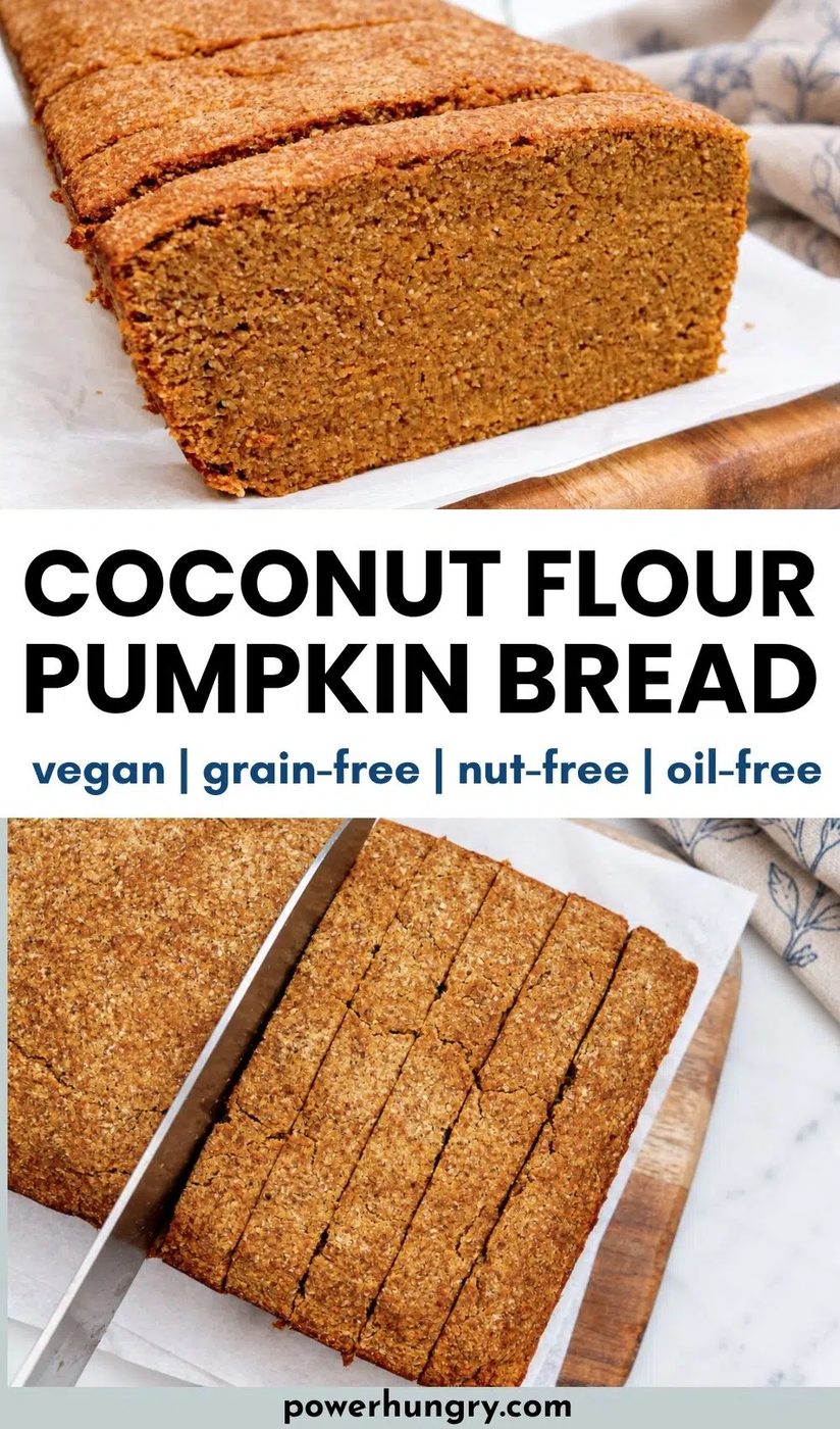 collage of 2 photos for vegan coconut flour pumpkin bread
