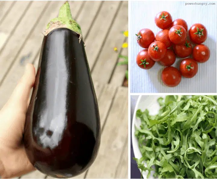 photo collage of the ingredients for vegan eggplant pizza slices