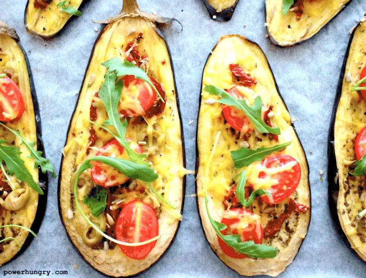 close up of a vegan sheetpan meal of pizza style eggplant slices