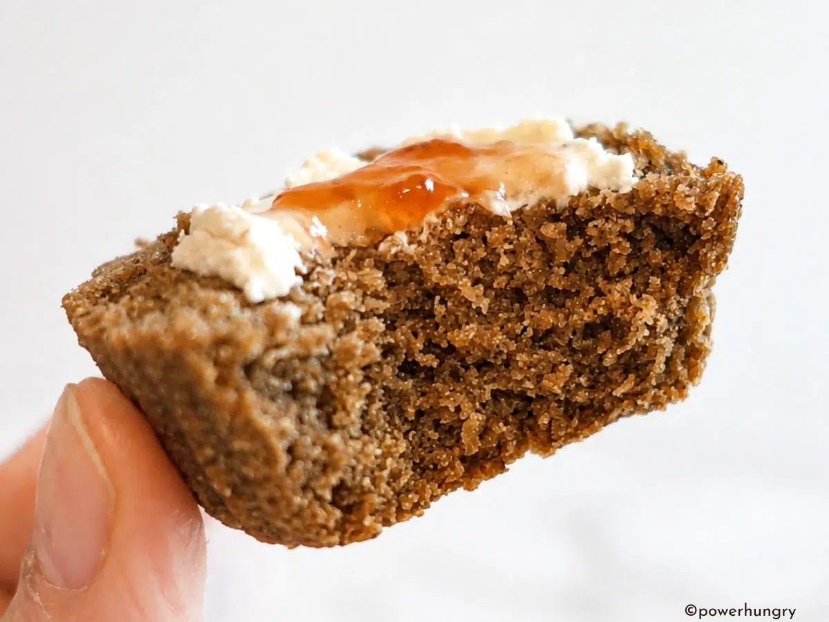bite of vegan flaxseed muffin