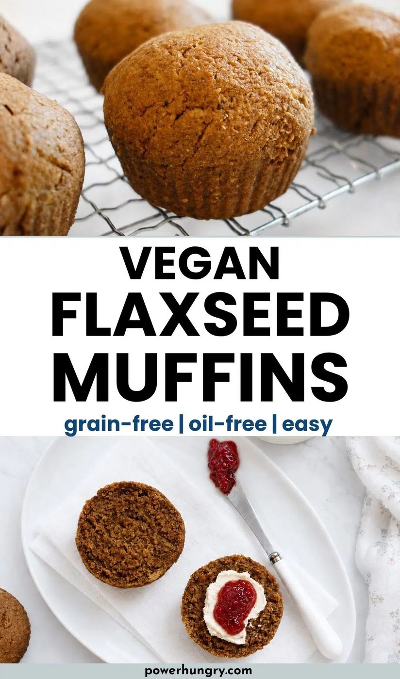 2 photo collage of vegan flaxseed muffins