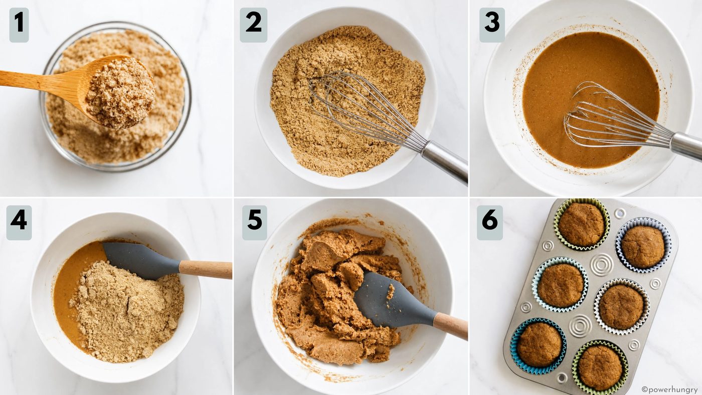 6 photo collage showing how to make the dough for vegan flaxseed muffins
