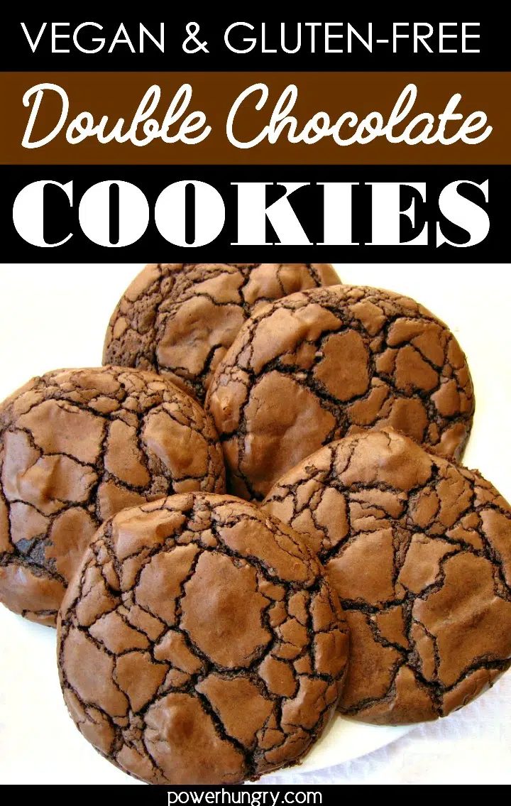 white plate with five double chocolate gf vegan cookies