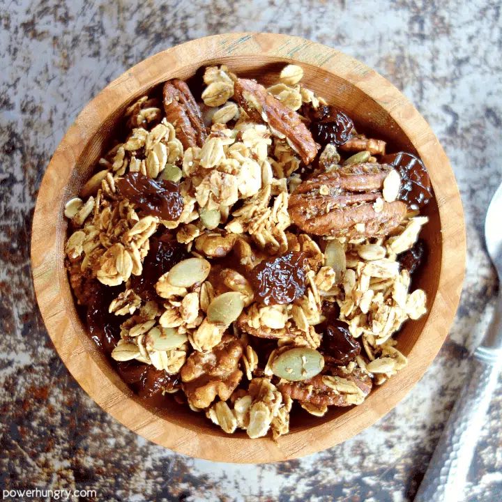 oil-free granola in a wooden bowl