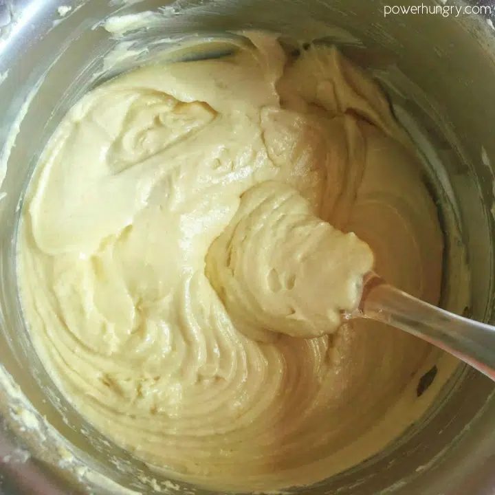 Metal bowl with the batter for the vanilla bundt cake