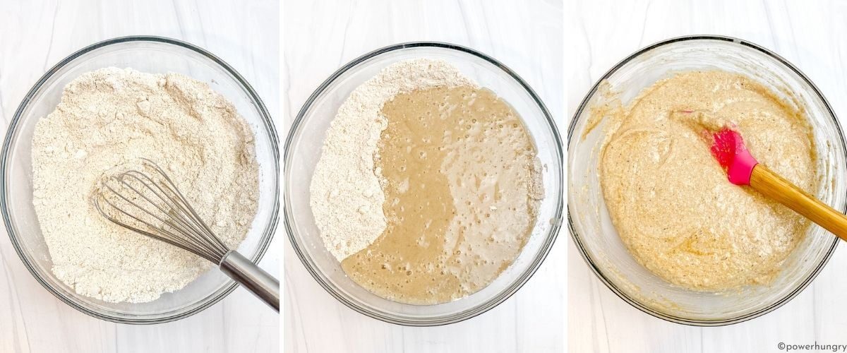 three photo collage showing how to make oat banana muffin batter