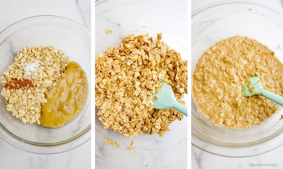 3 photo collage showing the steps to make vegan GF banana at muffins