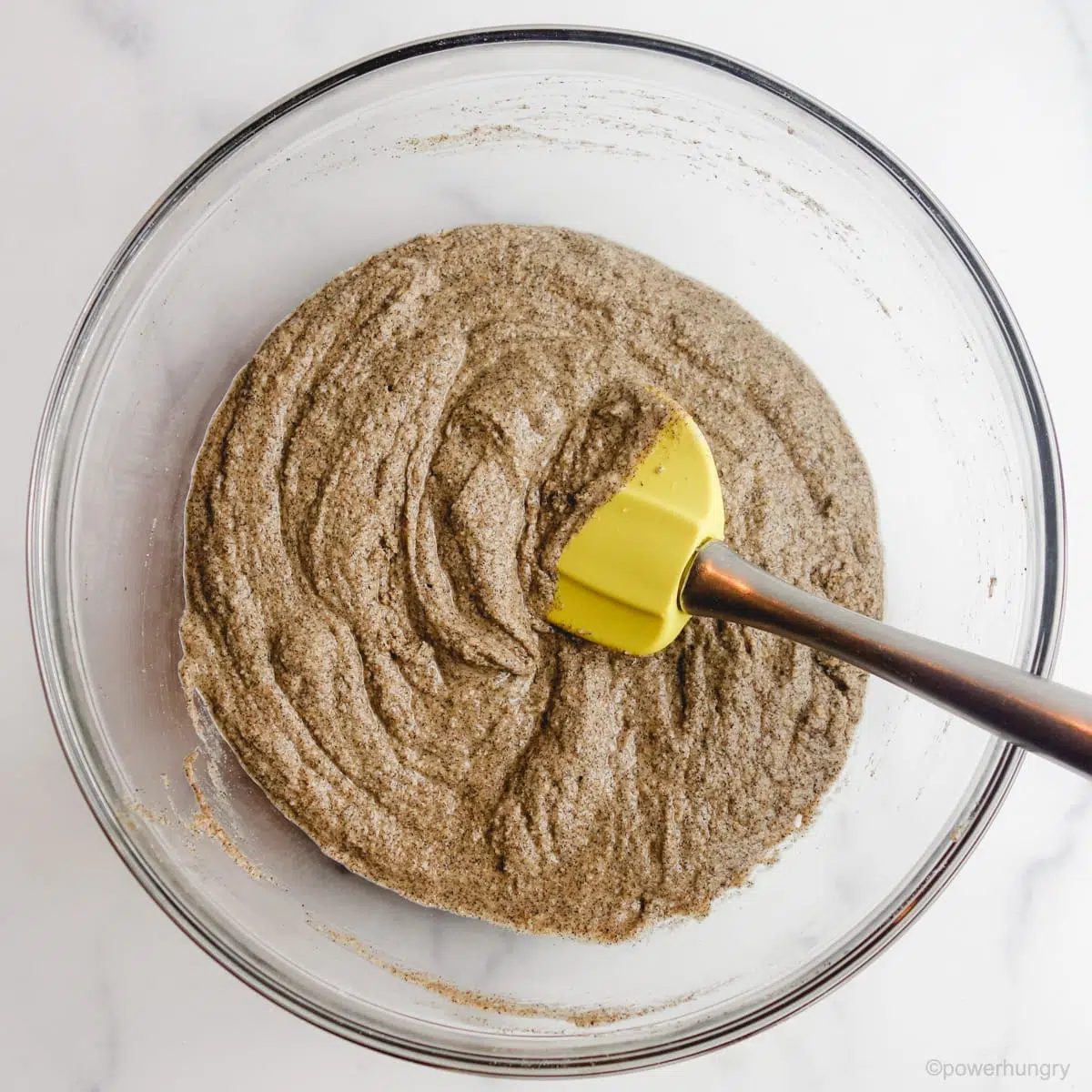 buckwheat flour muffin batter in a glass bowl