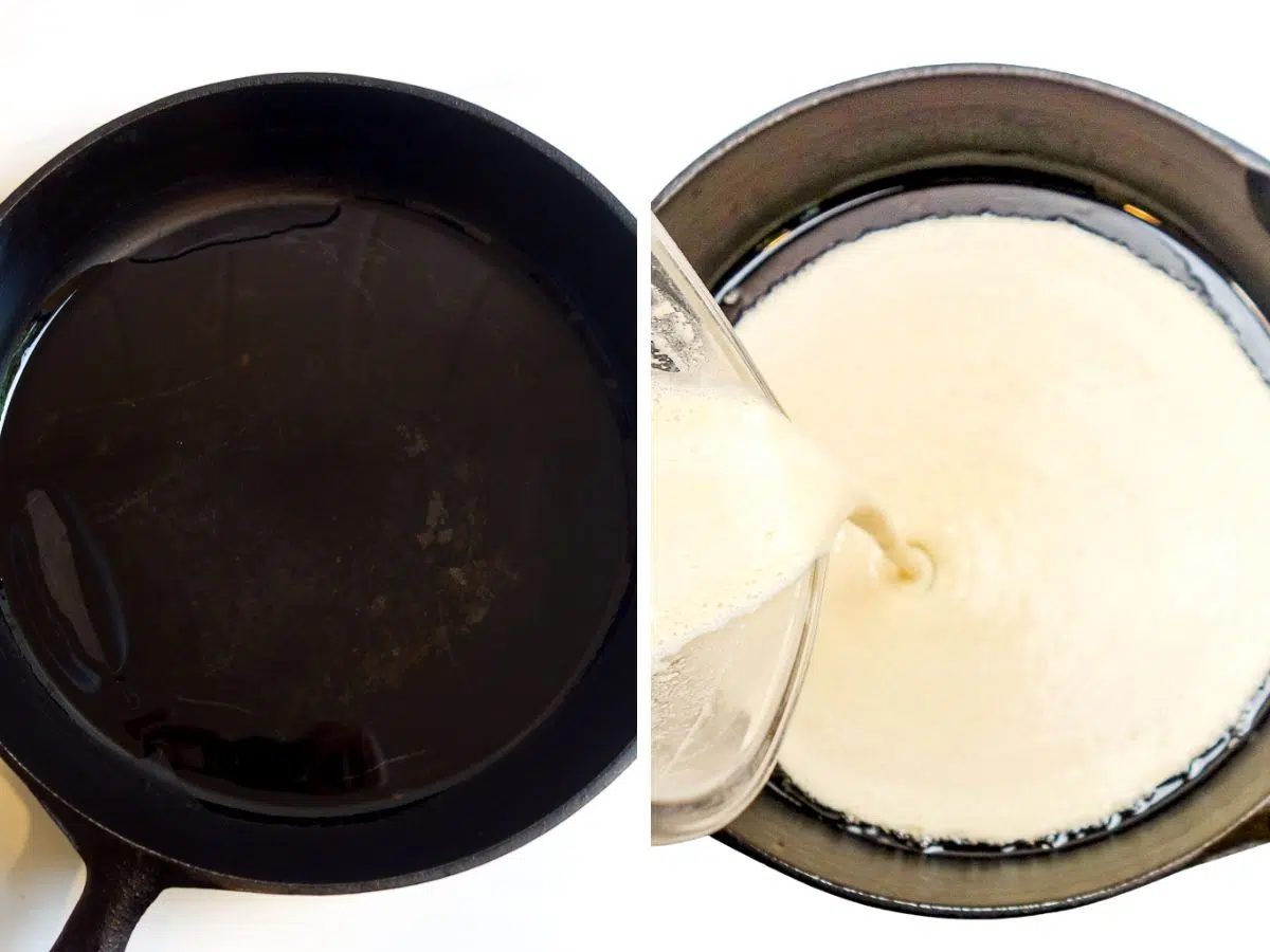 two photo collage showing hot skillet and batter added to skillet