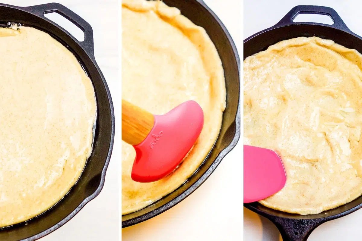 three photo collage depicting how to swirl and spread dutch baby batter in skillet