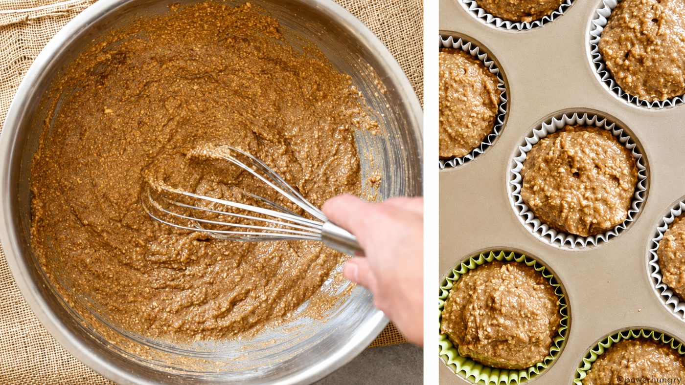 two photo collage showing how to make vegan oat bran muffns