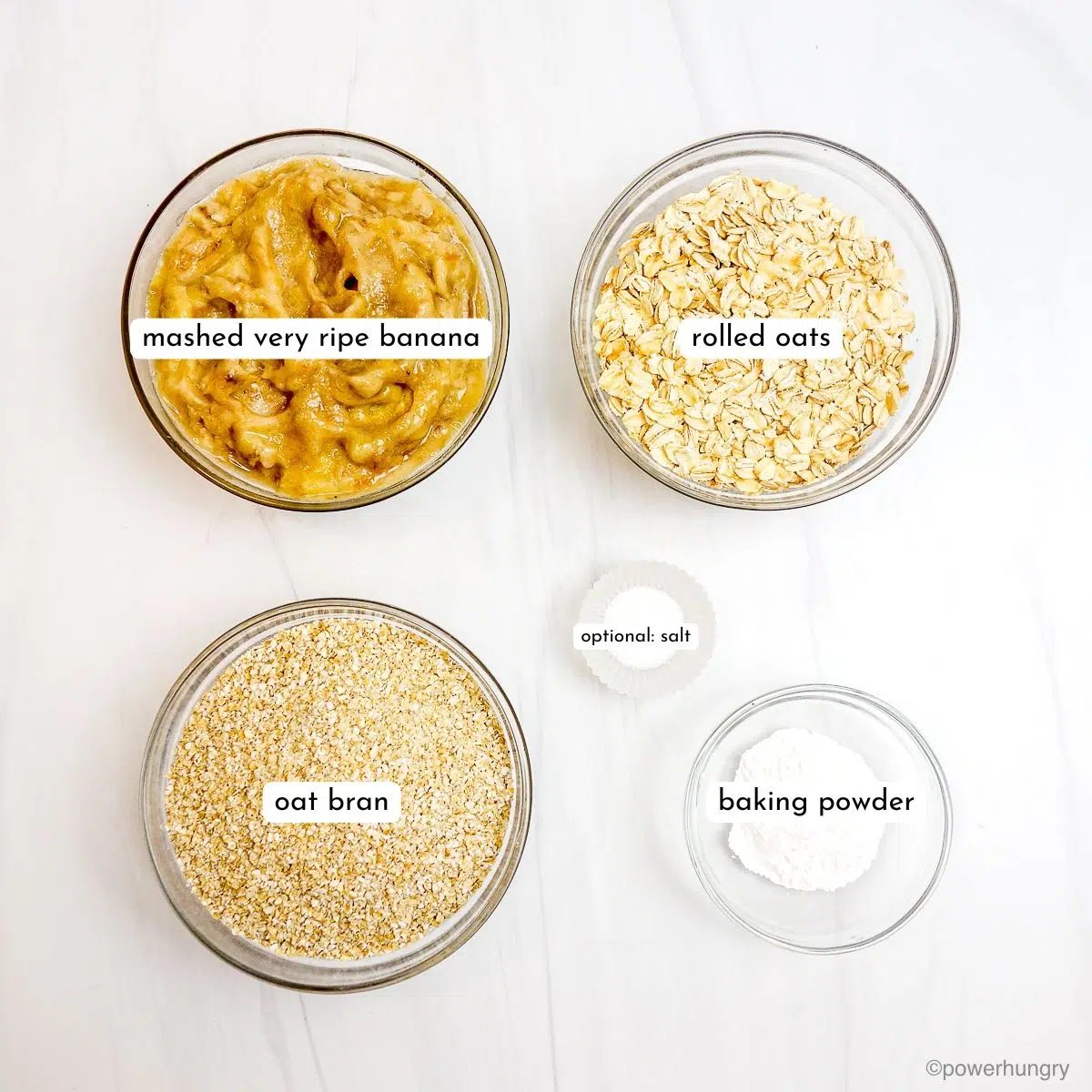 clear glass bowls filled with ingredients for banana oat bran muffins