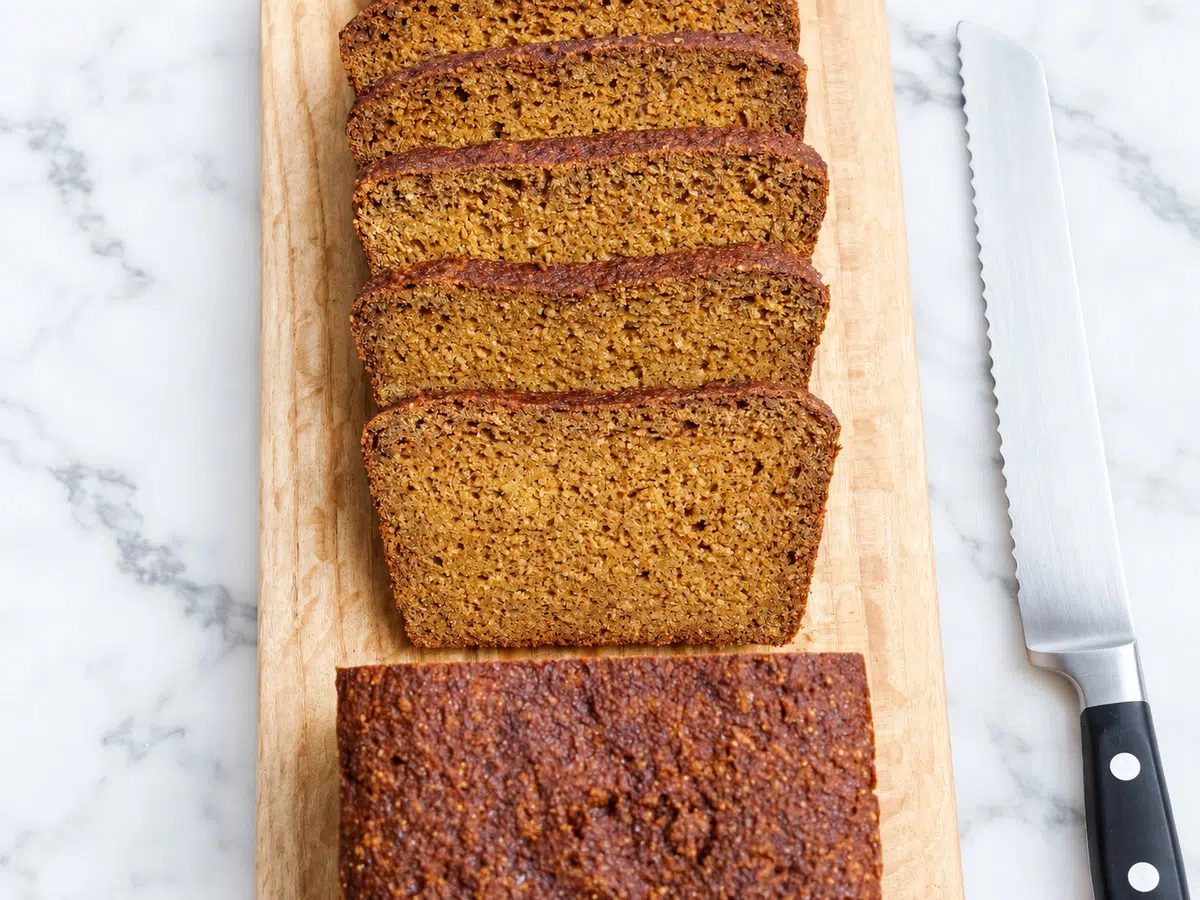 overhead shot of slice vegan almond flour pumpkin bread