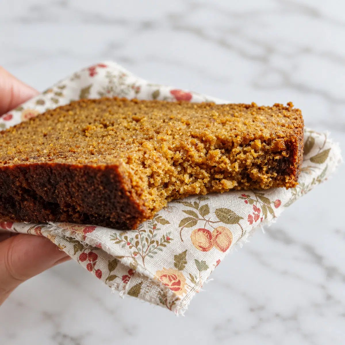 vegan almond flour pumpkin bread with a bite taken