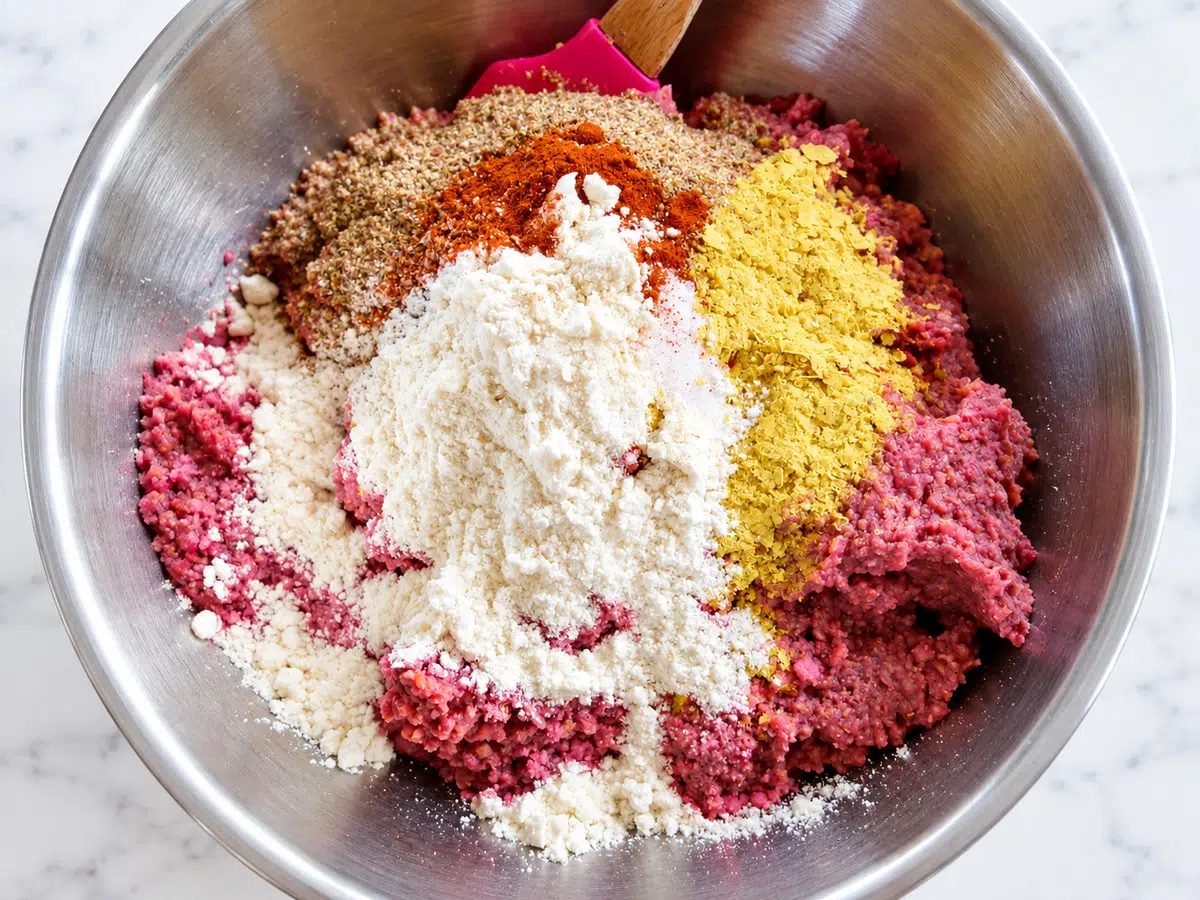 plant based ground meat and seasonings in a large bow