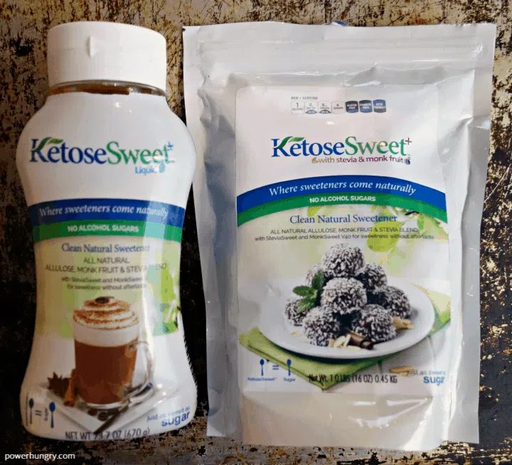 overhead shot of liquid and granulated keto sweeteners,