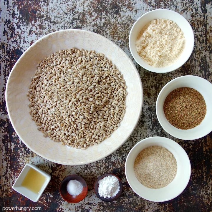 overhead shot of the ingredients for vegan keto sunflower seed bread