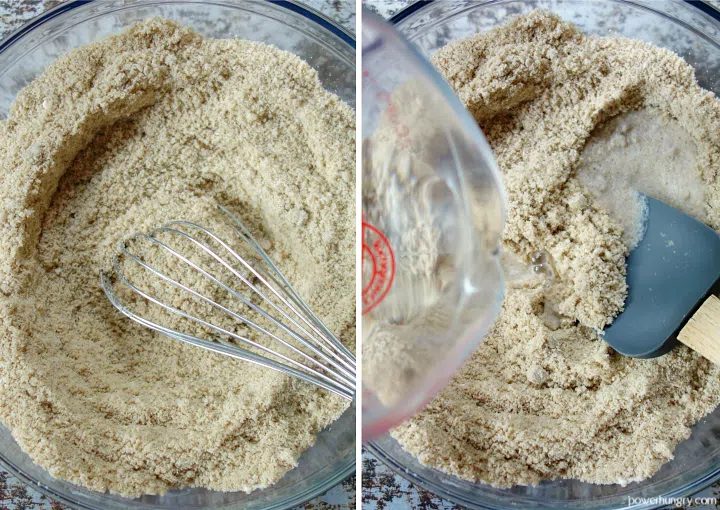 the dry ingredients and the wert ingredients being mixed to make sunflower seed bread dough