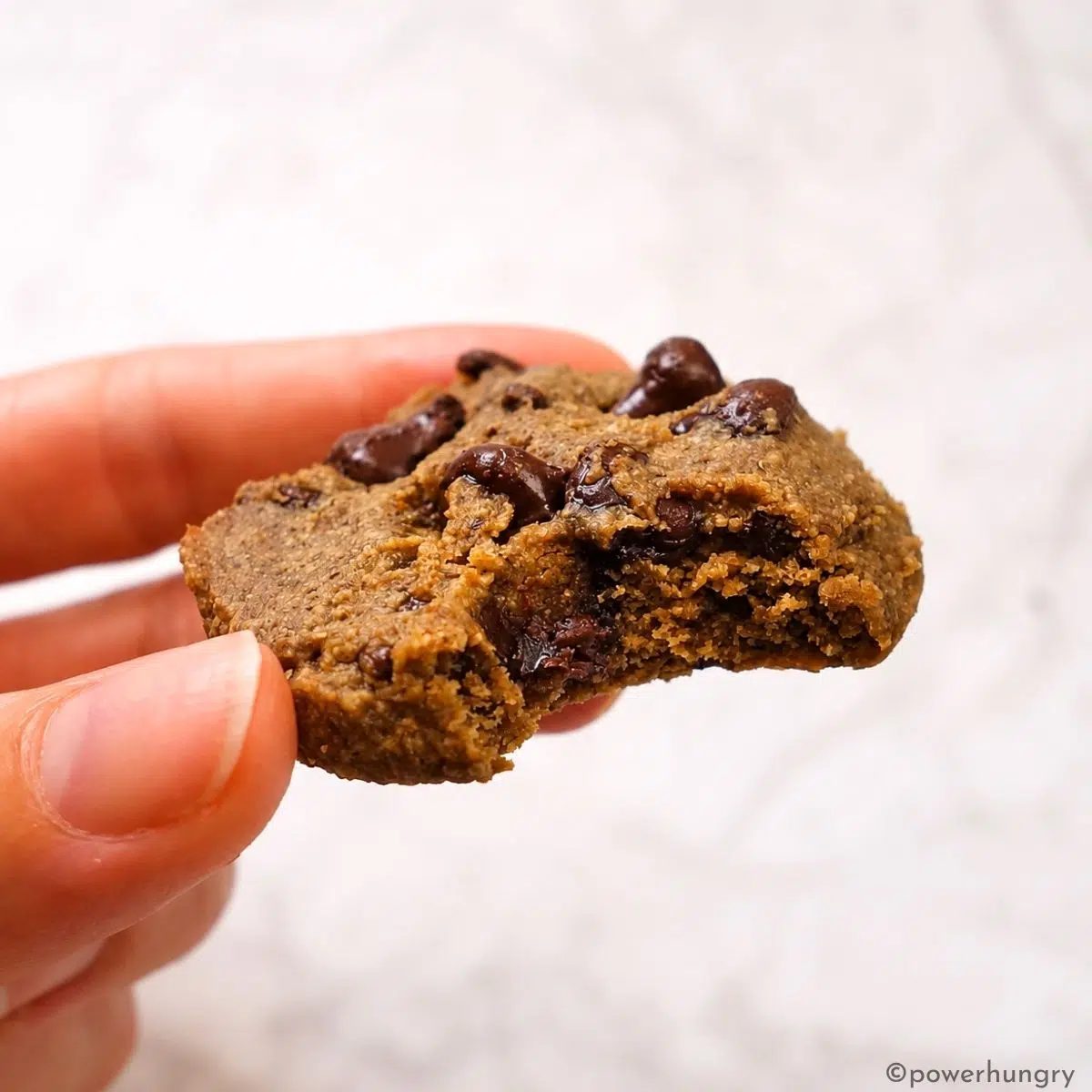 a single vegan lentil chocolate chip cookie with a bite taken out