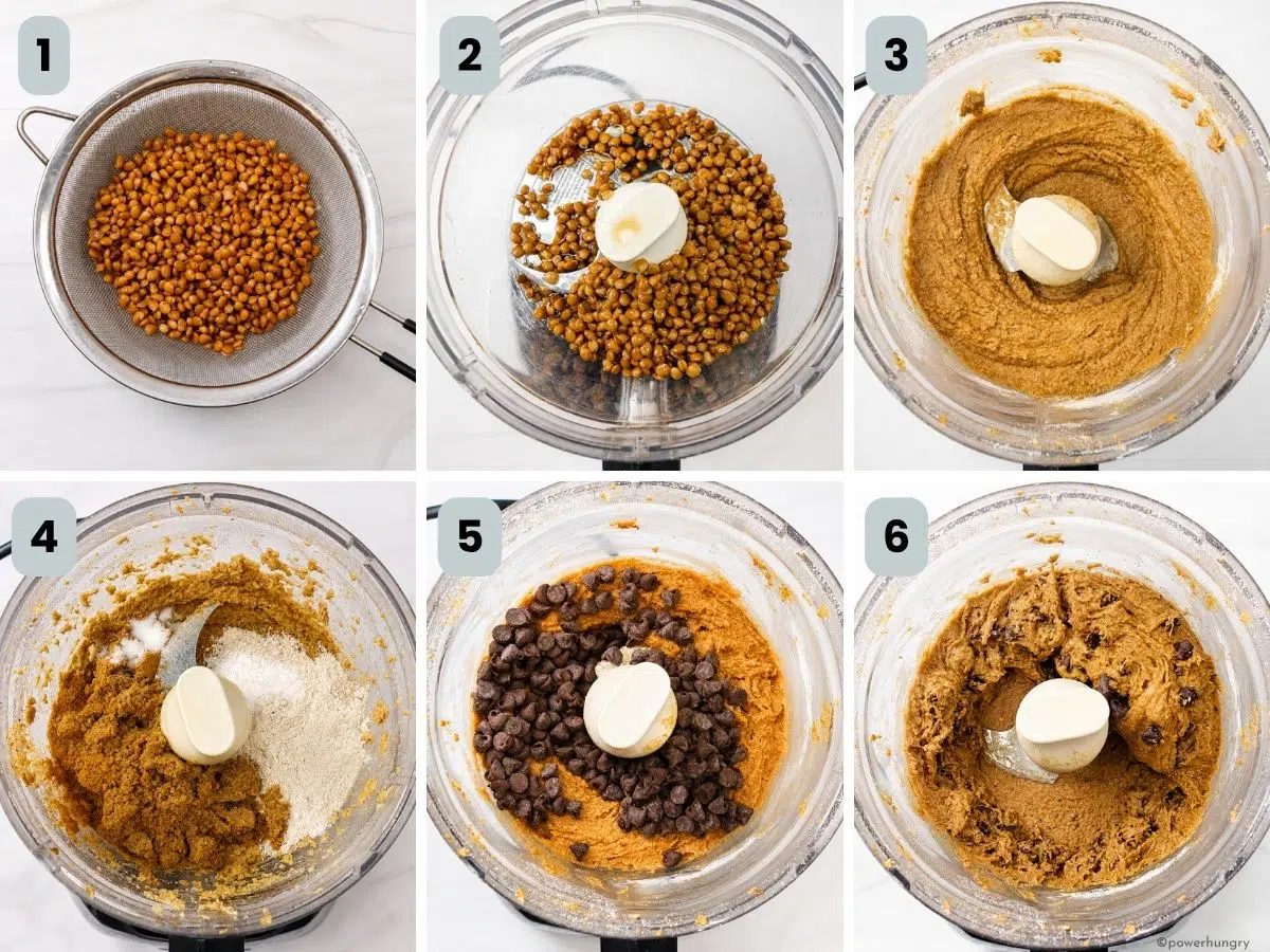 6 photo collage showing how to make the dough for vegan lentil chocolate chip cookies