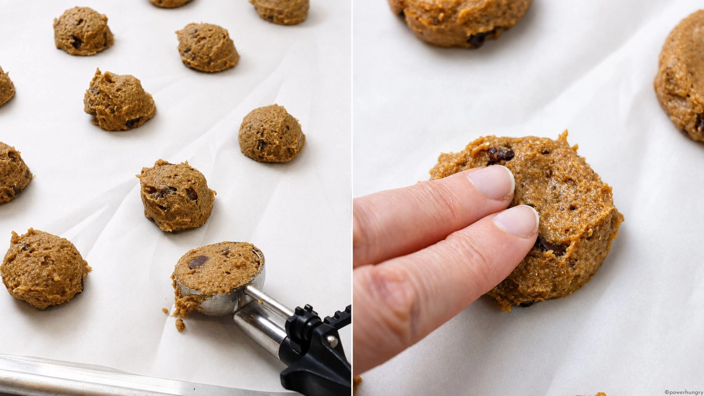 2 photo collage showing how to shape vegan lentil chocolate chip cookie dough