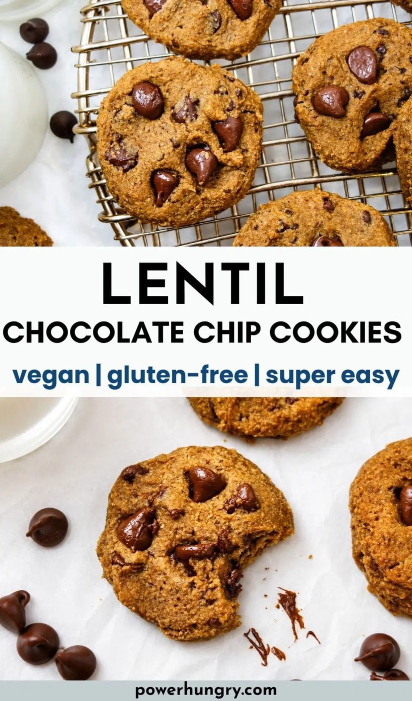 vegan lentil chocolate chip cookies on a cooling rack and white parchment paper