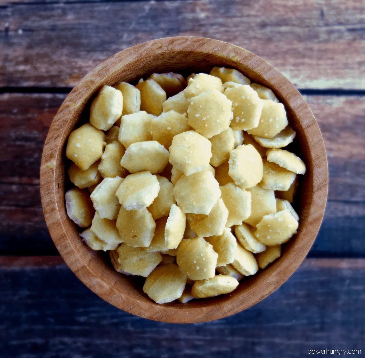 wooden bowl with oyster crackers