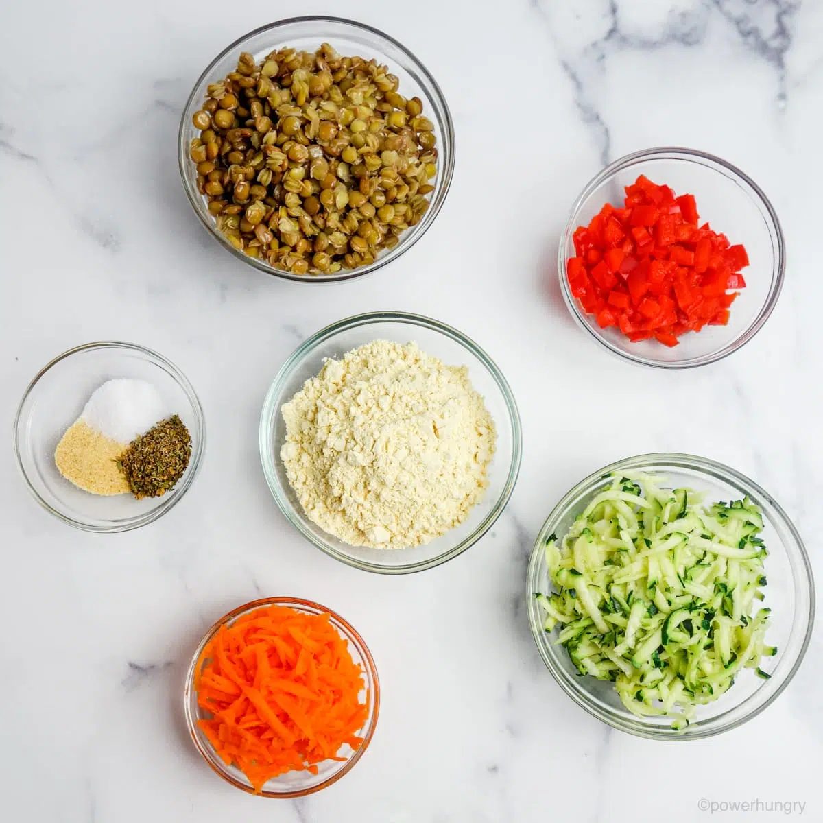 the ingredients for Frittata Bars , all in glass bowls