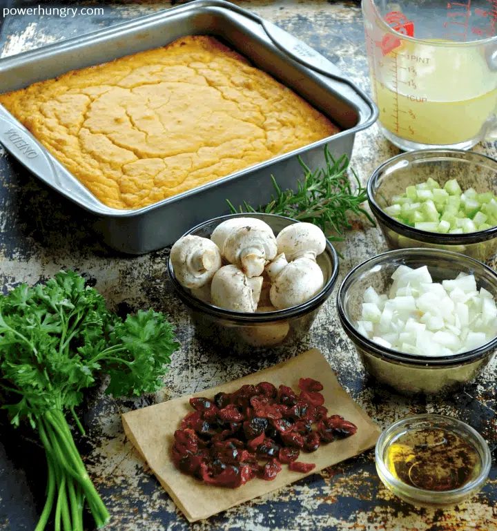 ingredients for Grain-free & vegan cornbread stuffing made with chickpea flour