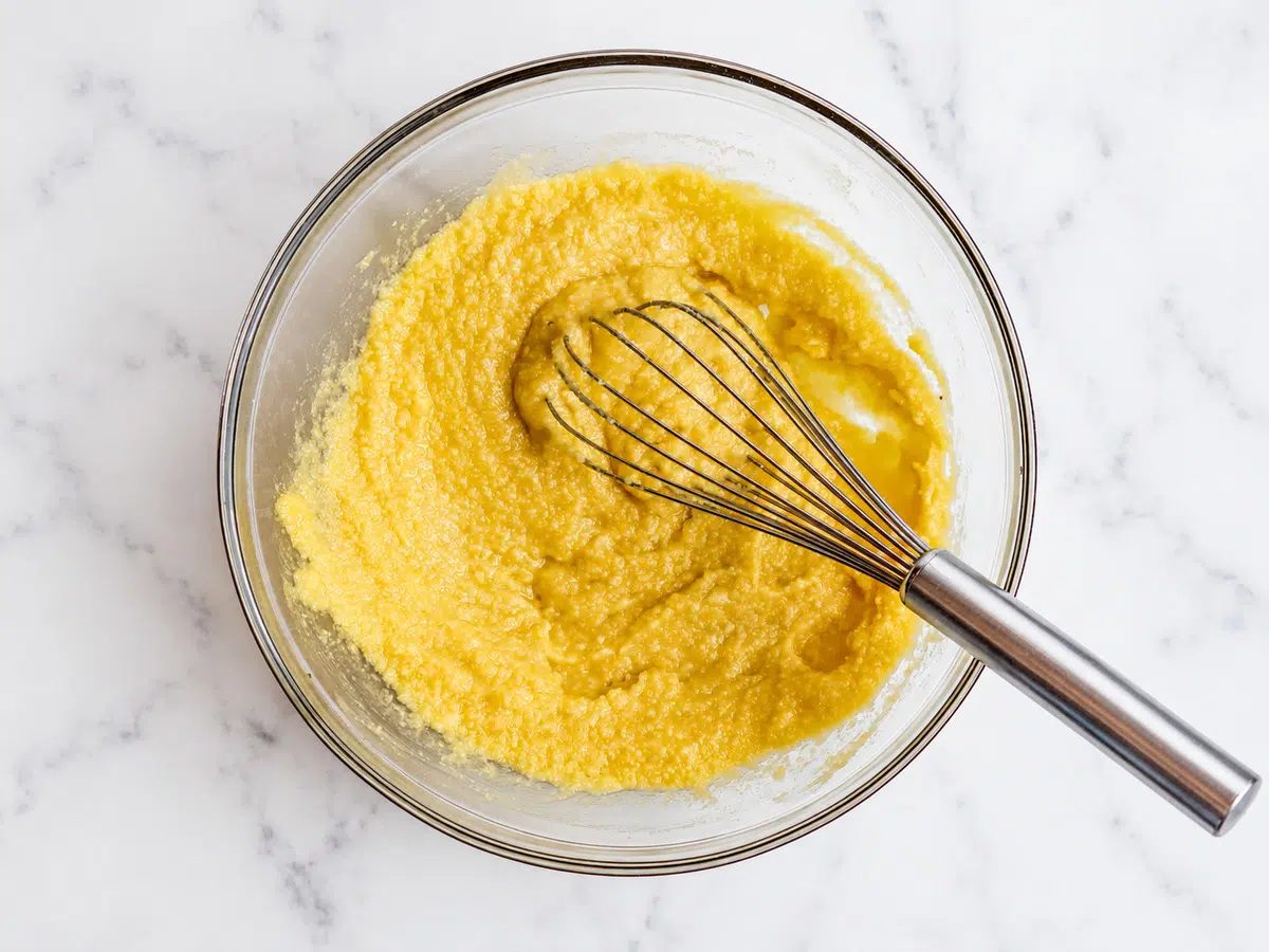 batter for crustless frangipane tart in a glass bowl