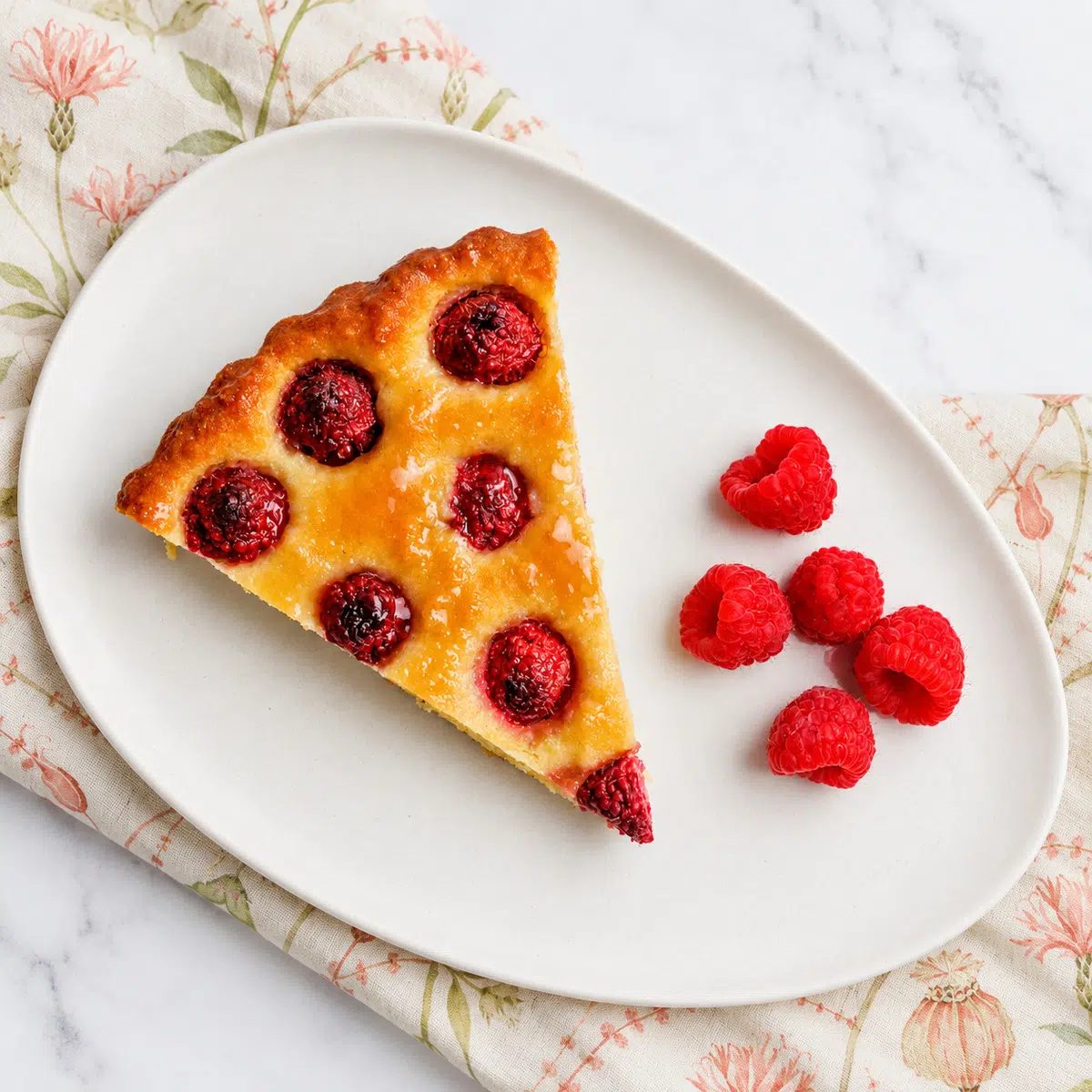 crustless frangipane tart on a stoneware plate with extra raspberries