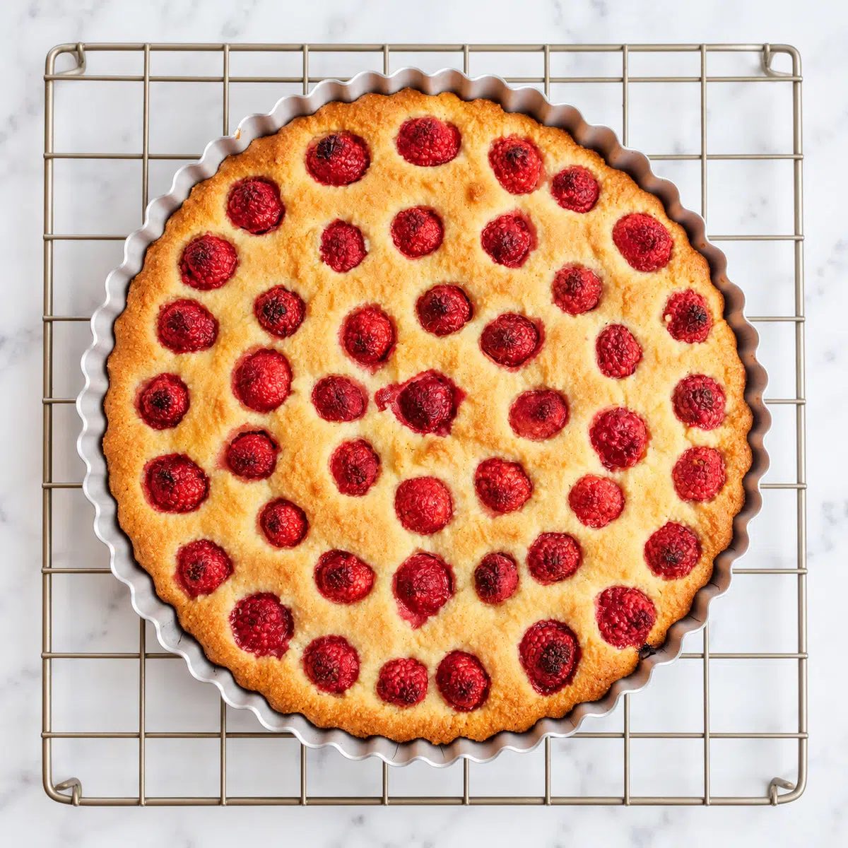 baked crustless frangipane tart with raspberries on cooling rack