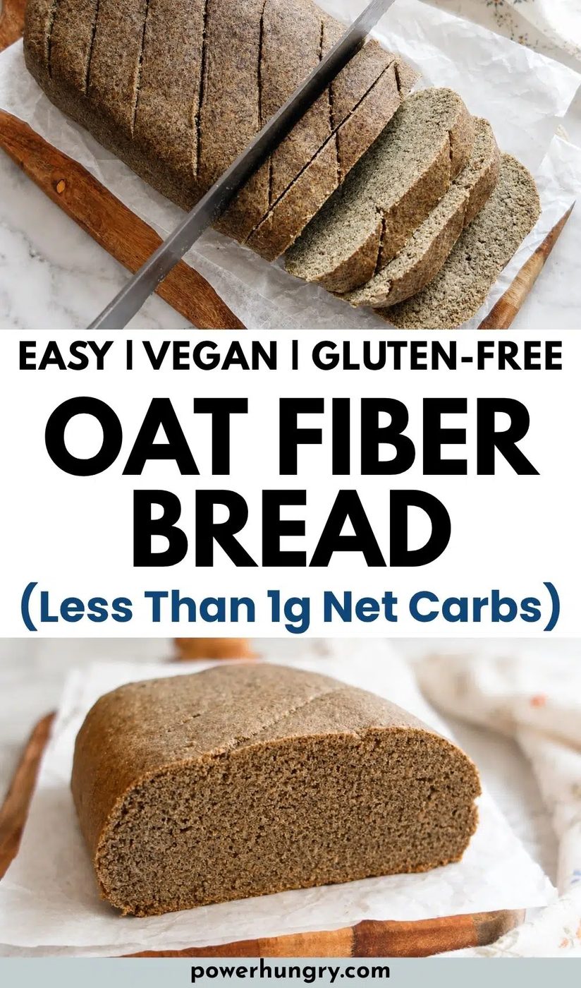 2 photo collage showing sliced vegan oat fiber bread