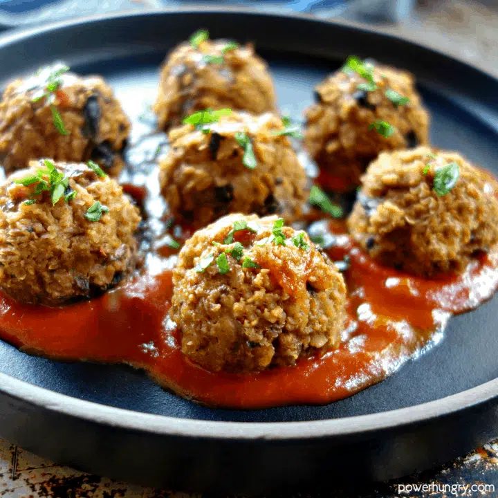Meatballs, made out of plant-based oat mushroom ground beef, in marinara sauce