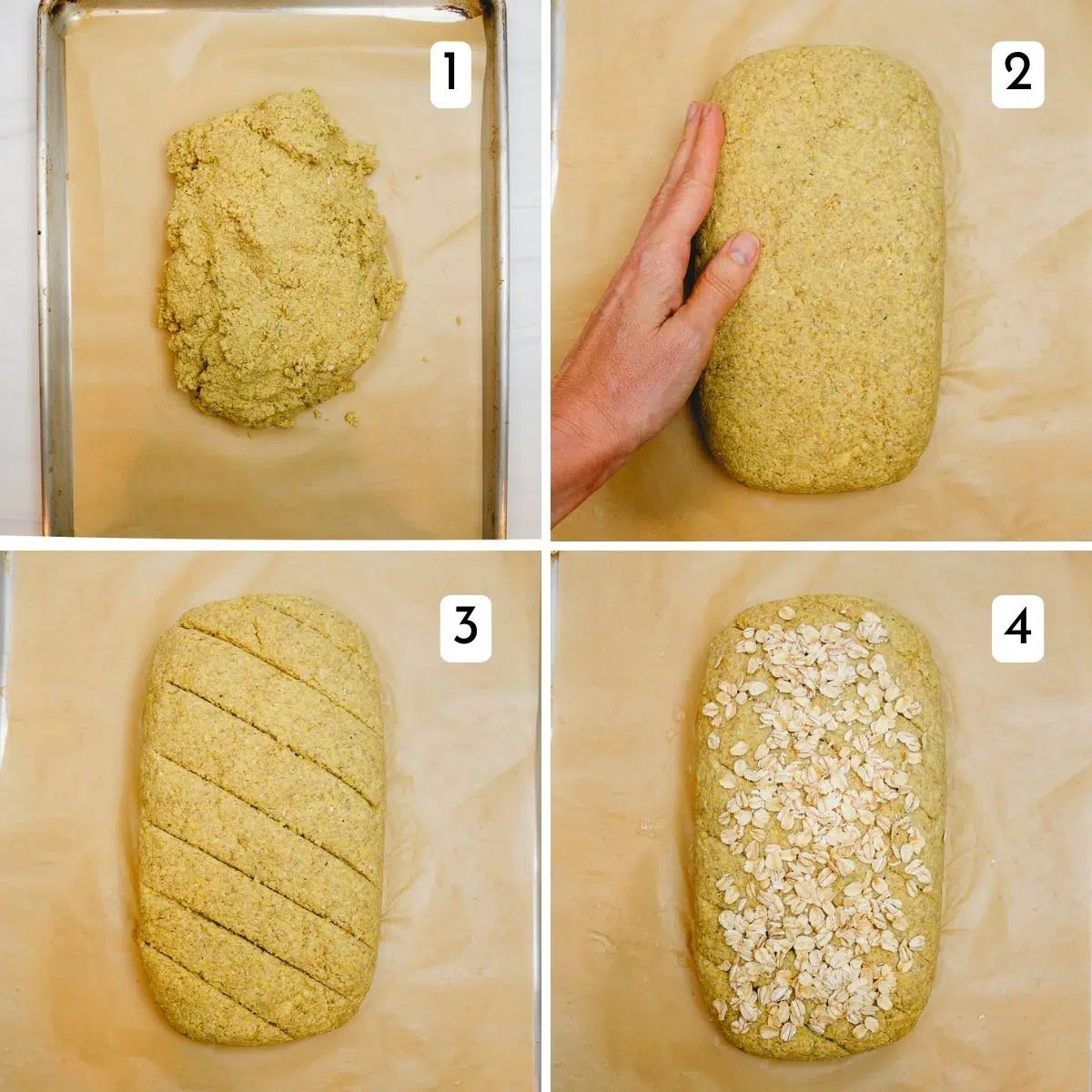 4 photo collage showing how to shape oat protein bread dough