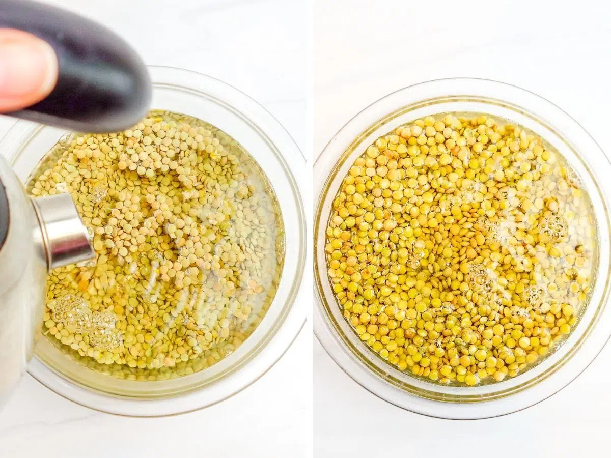 2 photo collage of soaked lentils
