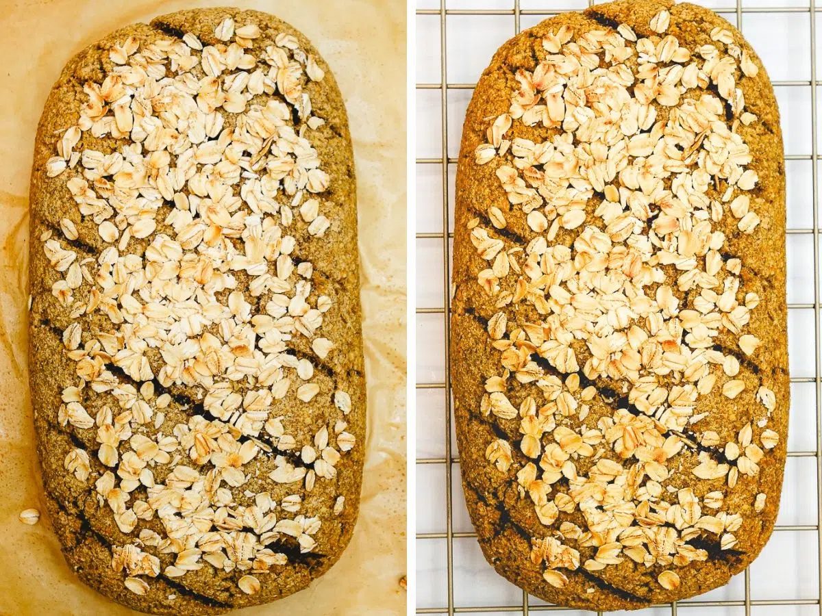 straightforward high protein oat bread, baked, and cooling on a cooling rack