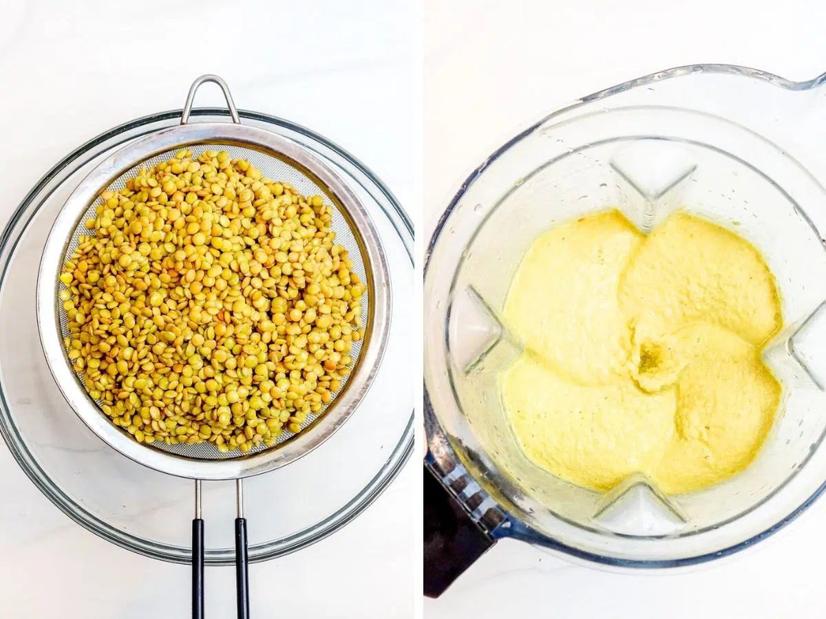 drained lentils and blend lentils in a 2 photo collage