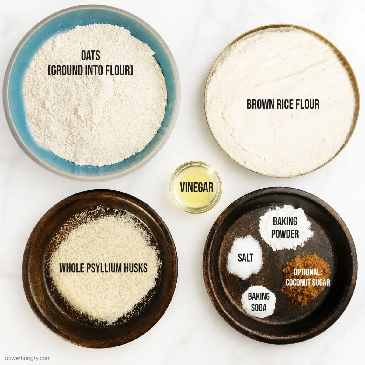 overhead shot of prep bowls filled with ingredients for vegan gluten-free oat sandwich bread