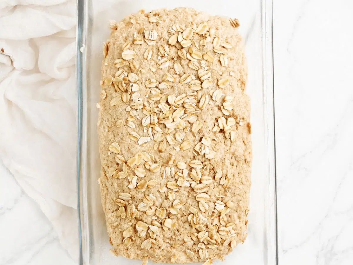 vegan gluten-free oat sandwich bread dough, shaped into a loaf in a pan