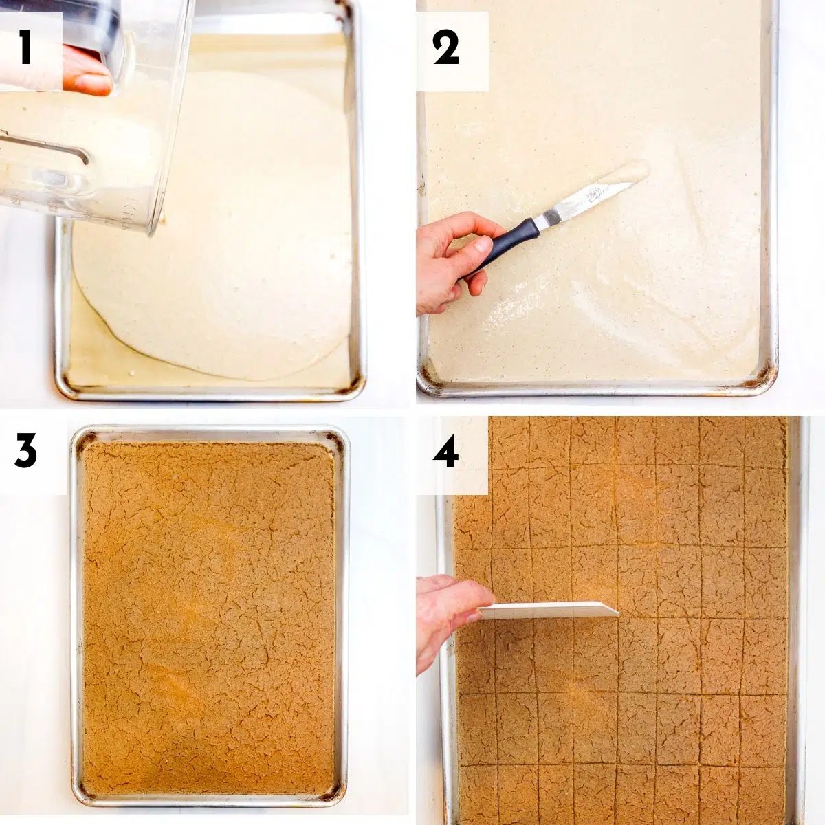 4 photo collage showing how to pour and bake vegan oat biscoff cookies