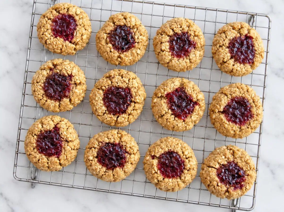 vegan oat flour thumbprints on a cooling rack
