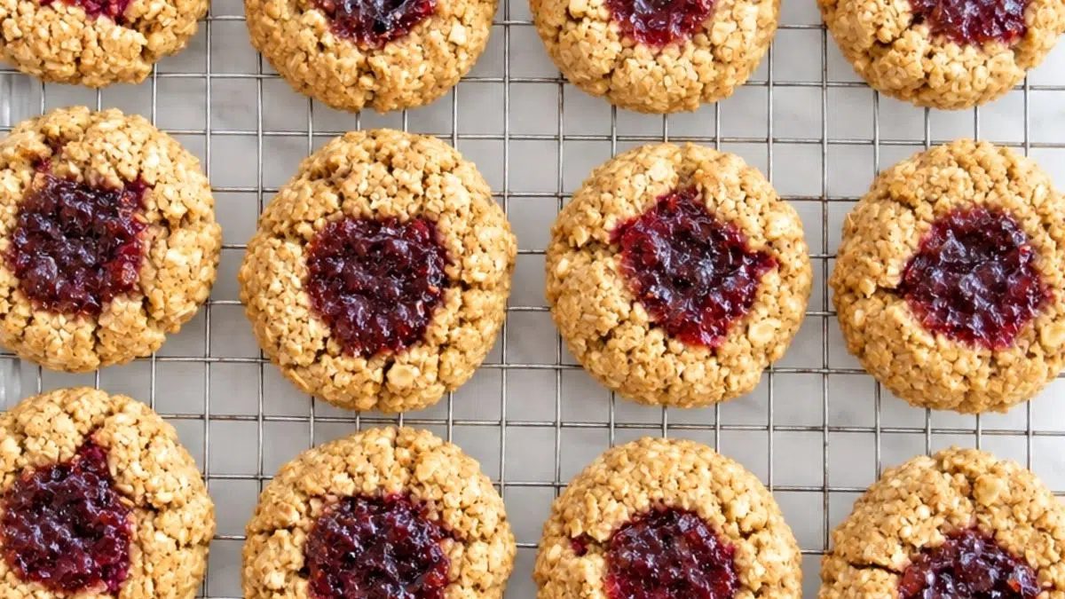 silver cooling rack topped with vegan oat flour thumbprint cookies