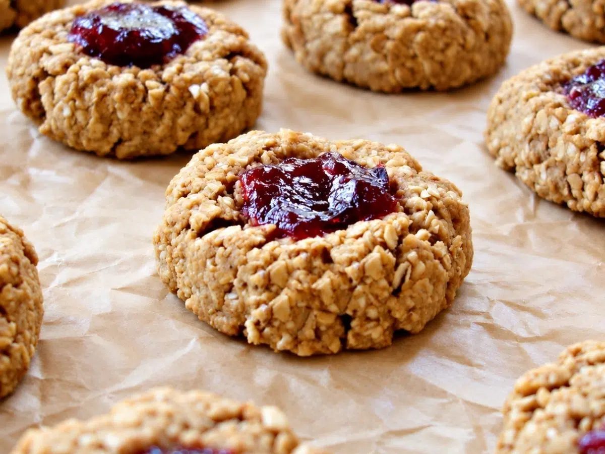 freshly baked oat flour thumbprints on a baking sheet