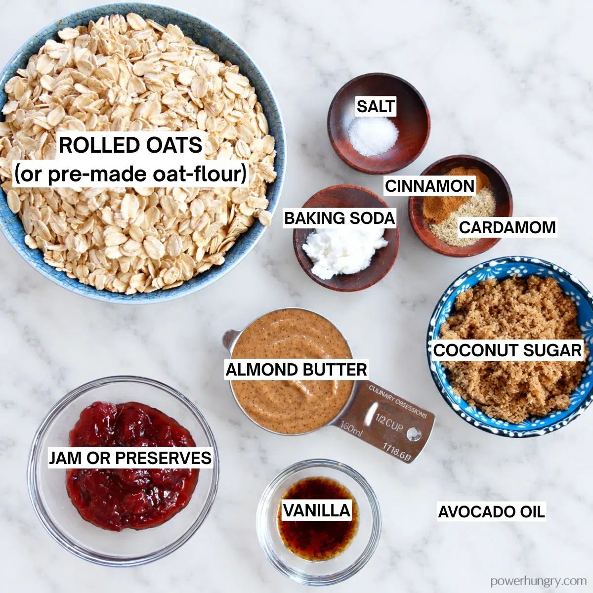 oat flour thumbprint ingredients on a marble counter